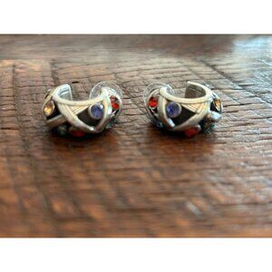 Vintage Silver Hoop Earrings With Multicolored Gemstones